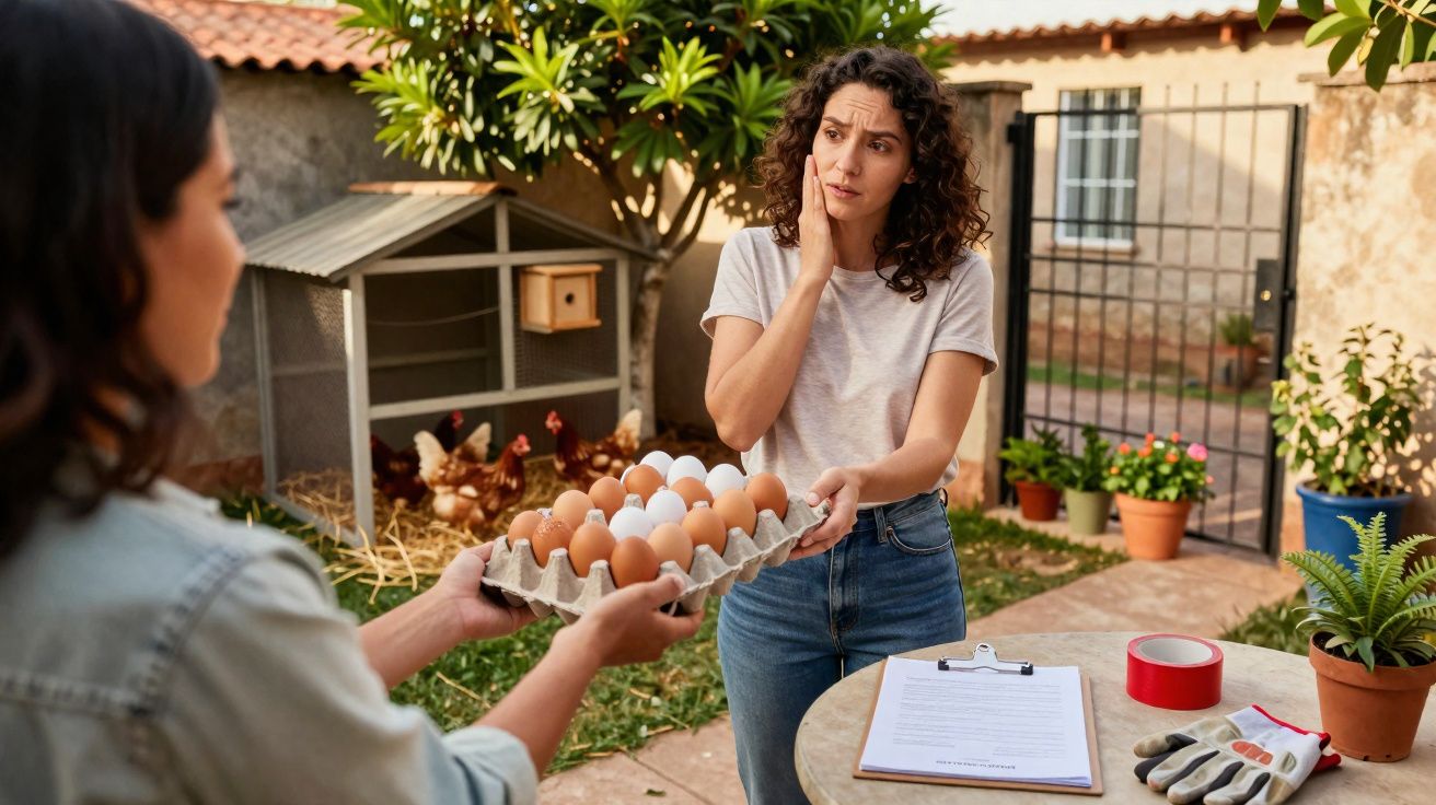 Mulher preocupada segurando o rosto enquanto outra entrega bandeja com ovos ao ar livre.