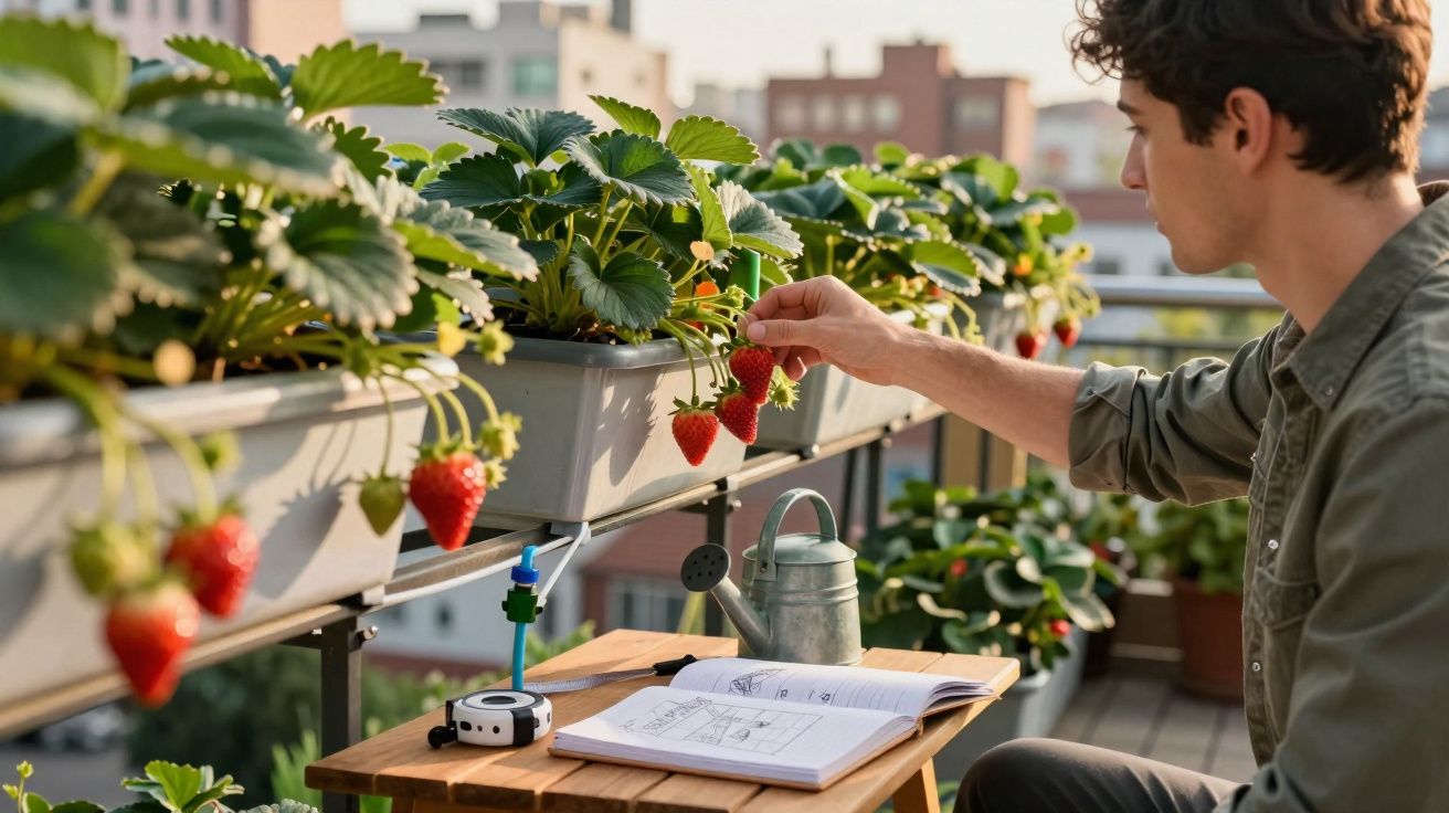Homem colhendo morangos em vasos em varanda com regador e caderno aberto sobre mesa.