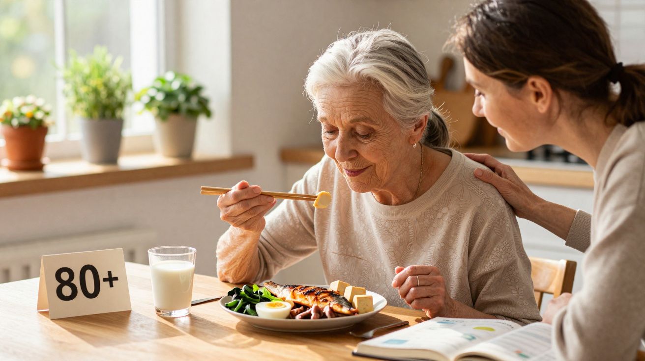 Idosa comendo com hashis enquanto mulher jovem a apoia em cozinha iluminada.