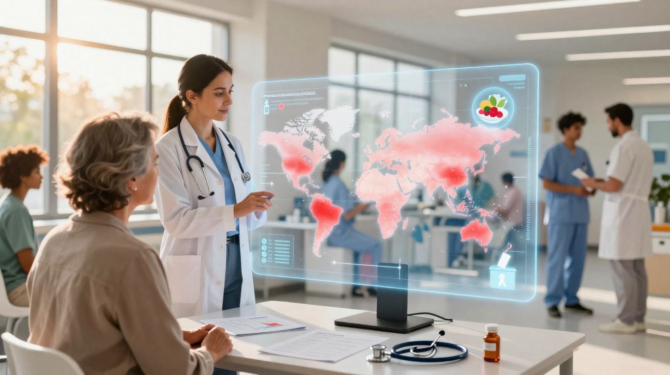 Médica mostra mapa digital com dados globais para paciente idosa em clínica moderna e iluminada.