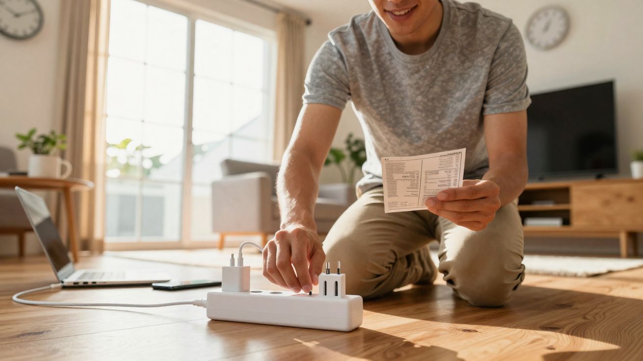 Pessoa conectando carregador em régua de energia em sala com laptop e decoração ao fundo.