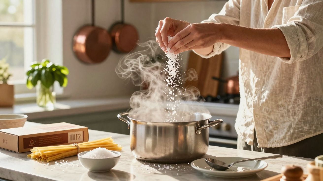 Pessoa salpicando sal em panela com vapor em cozinha iluminada e organizada, com macarrão e manjericão ao fundo.