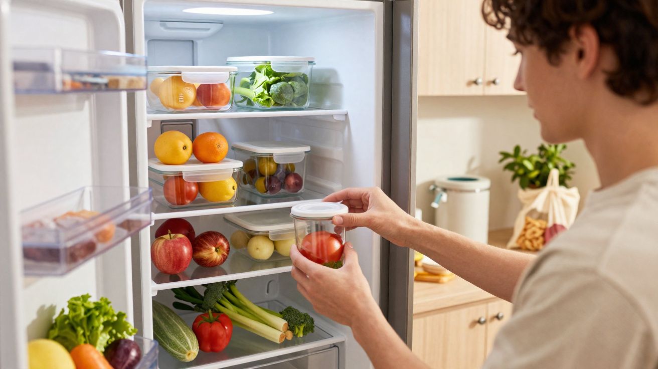 Pessoa organizando frutas e legumes em potes plásticos dentro de uma geladeira em cozinha moderna.