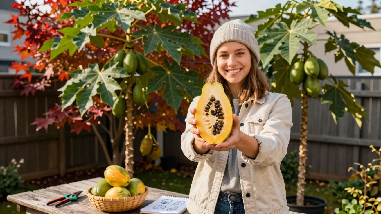 Mulher sorrindo segurando uma metade de mamão em um jardim com pés de mamão ao fundo.