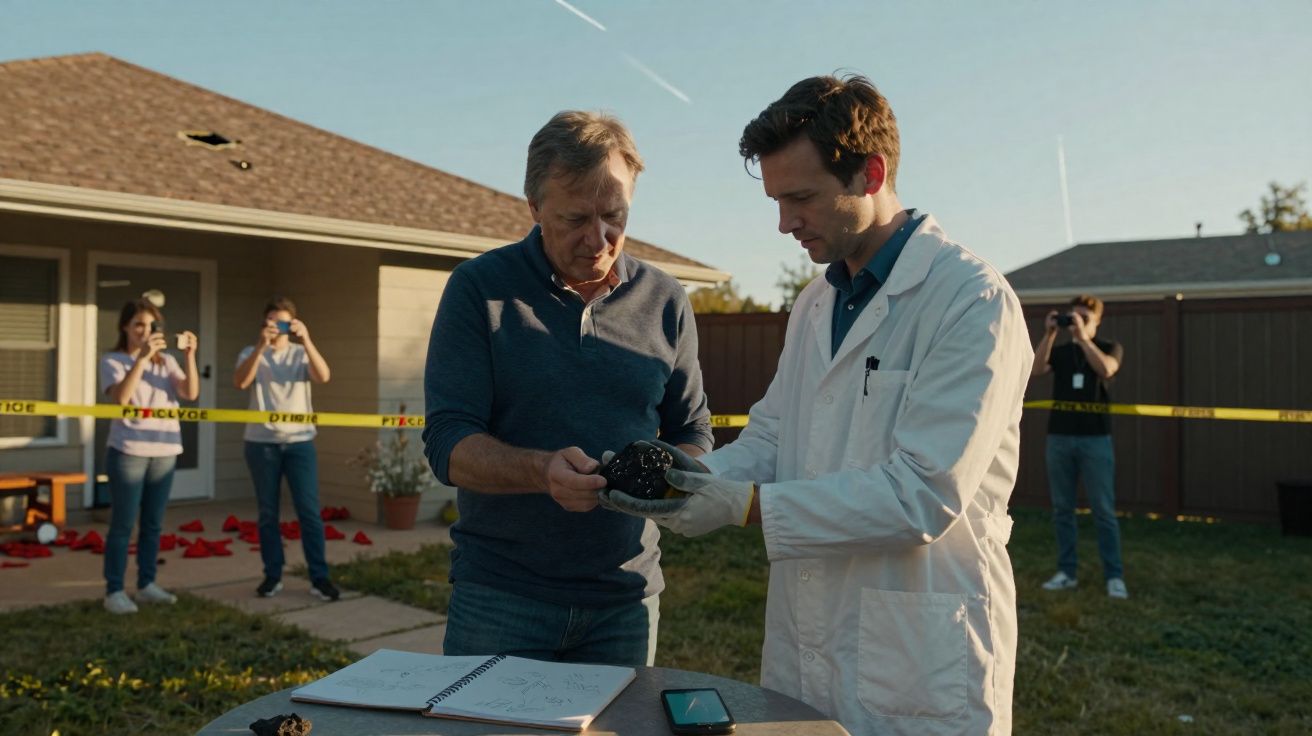 Dois homens analisam objeto preto enquanto três pessoas ao fundo fotografam atrás de fita de cena do crime.