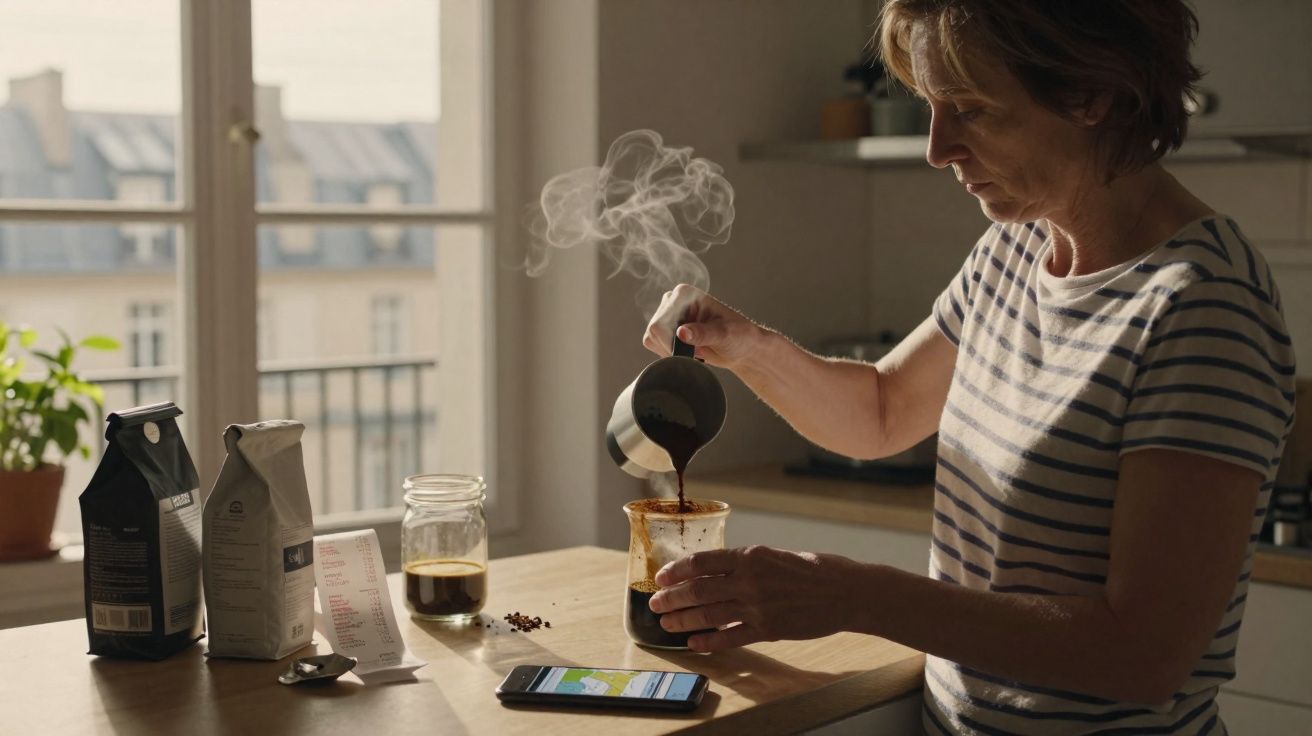 Mulher preparando café em coador de vidro na cozinha, com celular e pacotes de café na mesa iluminada.