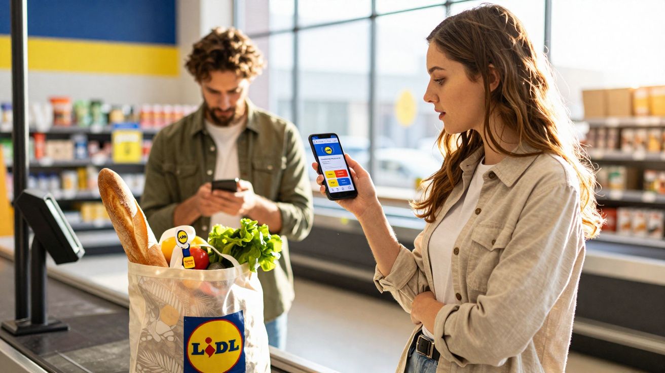 Mulher e homem usando celular no caixa de supermercado com sacola reutilizável cheia de compras.