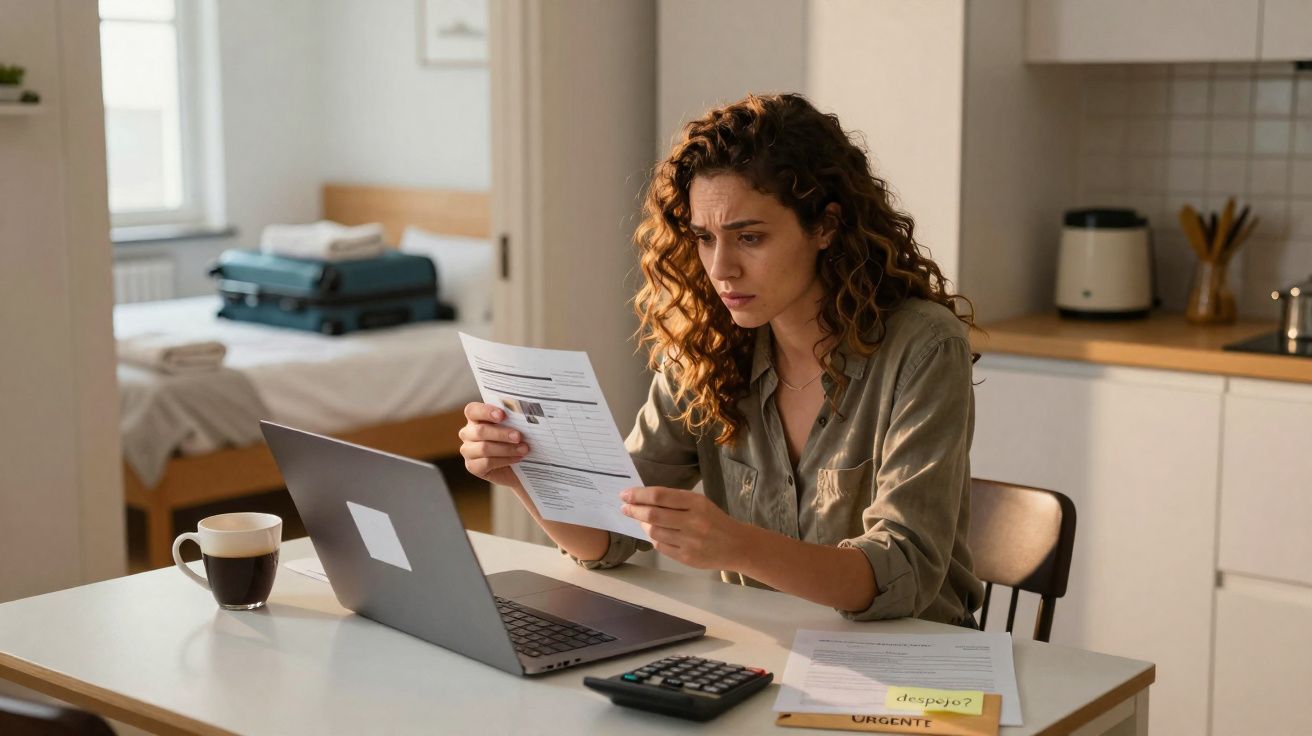 Mulher preocupada analisa documentos sentada à mesa com laptop, calculadora e café, em ambiente doméstico.