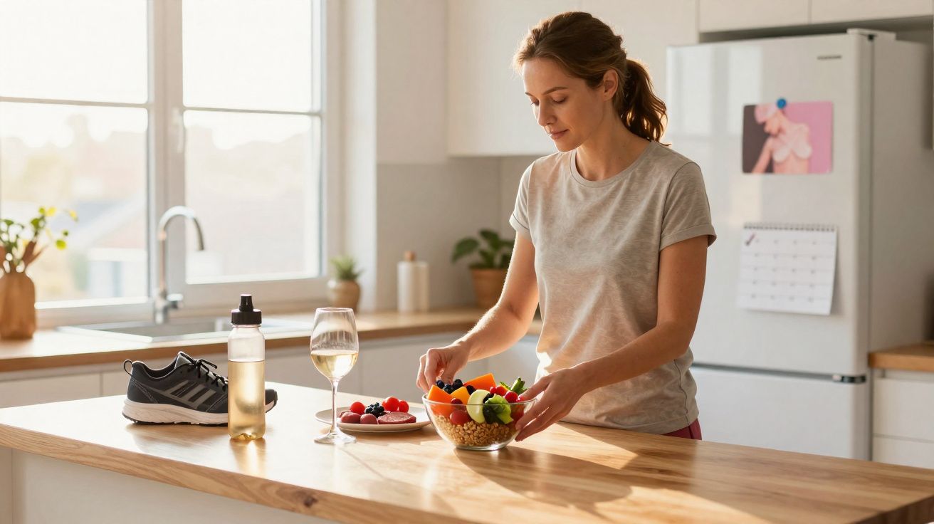 Mulher preparando tigela de frutas frescas na cozinha iluminada pela luz natural.