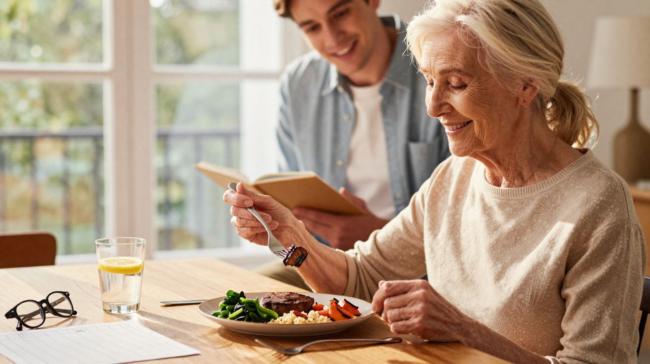Mulher idosa sorrindo ao comer refeição, enquanto homem lê livro ao fundo em ambiente iluminado.