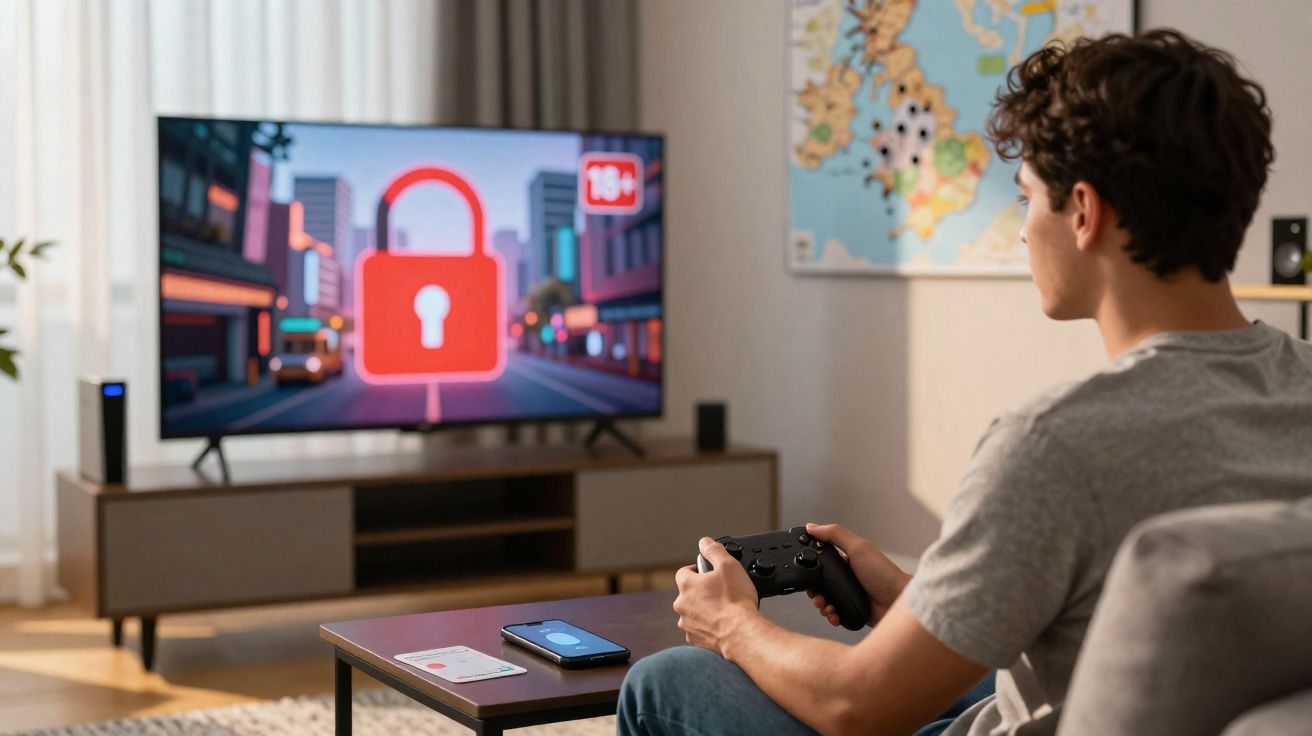 Jovem sentado no sofá segurando controle de videogame, tela com cadeado vermelho e aviso 18+ na sala.