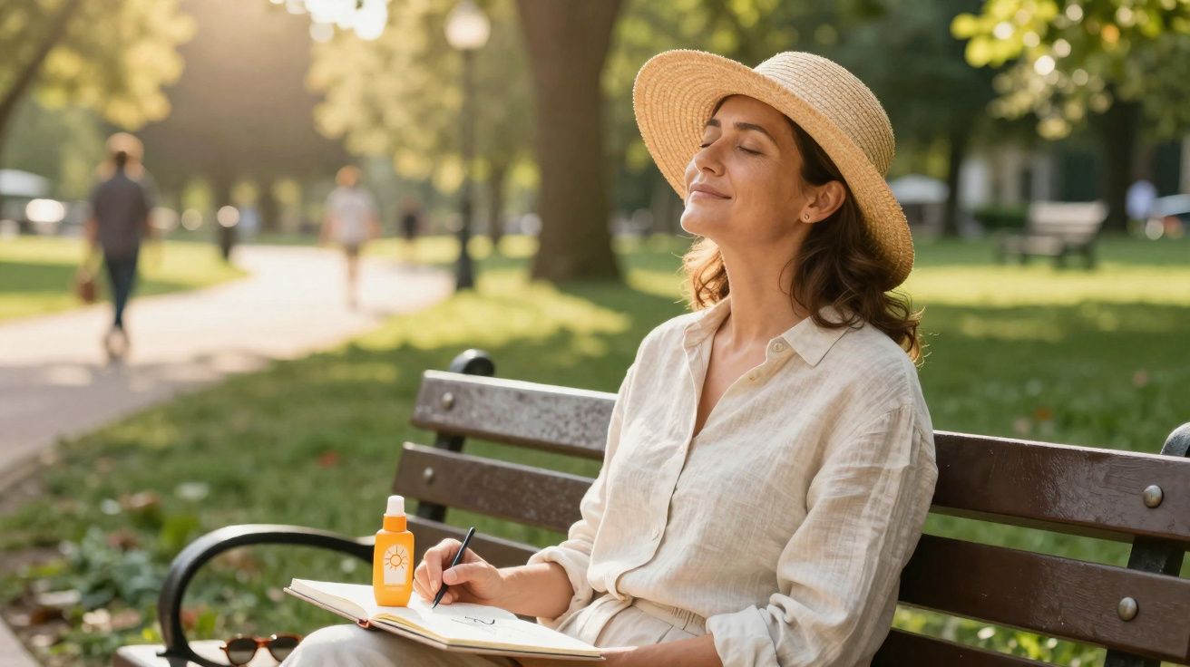 Mulher com chapéu sorrindo, sentada em banco de parque, escrevendo em caderno sob luz do sol.