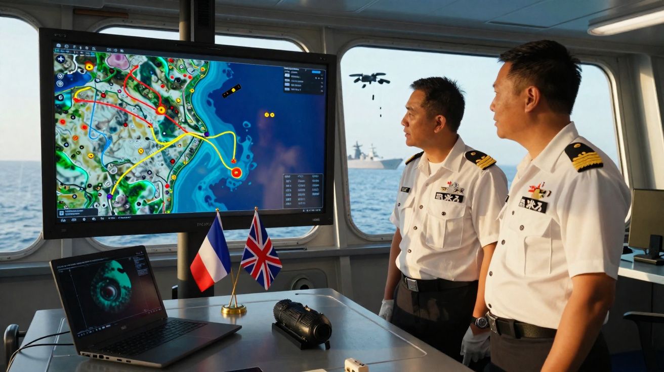 Dois oficiais em uniforme naval observam tela digital com mapa e drone em ambiente interno de navio.