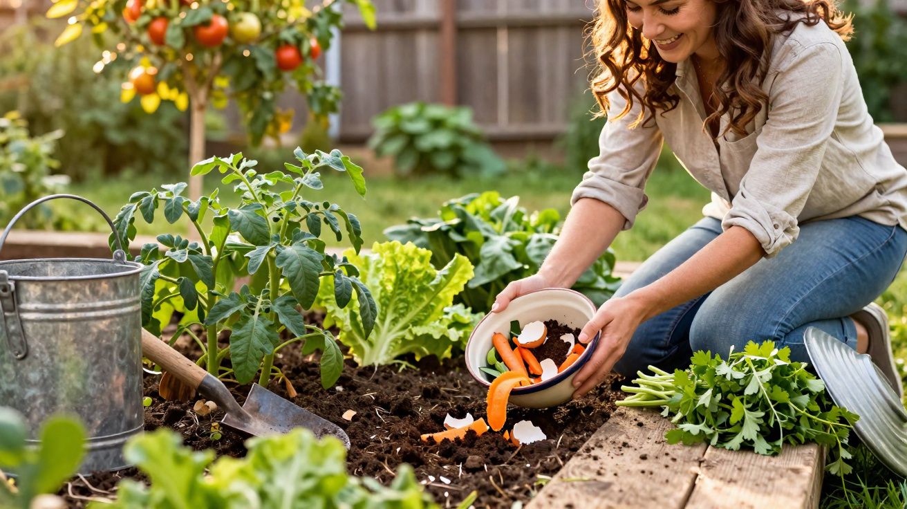 Mulher sorridente colocando restos de comida em horta caseira com plantas, regador e pá ao lado.