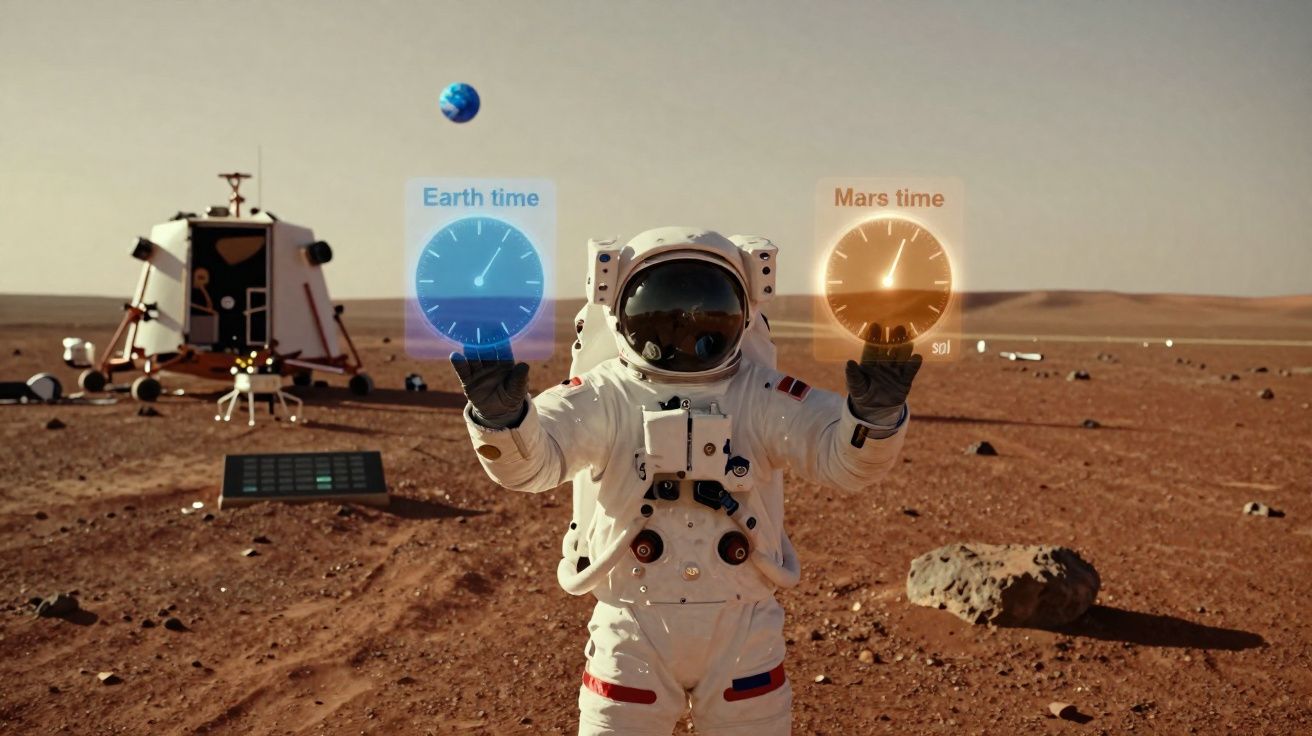 Astronauta em traje espacial em Marte segurando hologramas de relógio com horários da Terra e Marte.