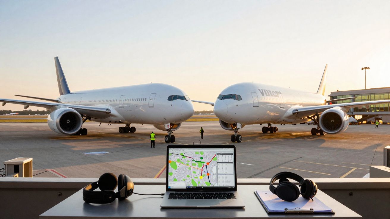 Dois aviões estacionados no aeroporto ao pôr do sol vistos de uma sala de controle com laptop e fones.