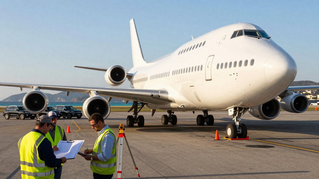 Funcionários em coletes reflitentes verificam documentos ao lado de um avião grande estacionado em aeroporto.