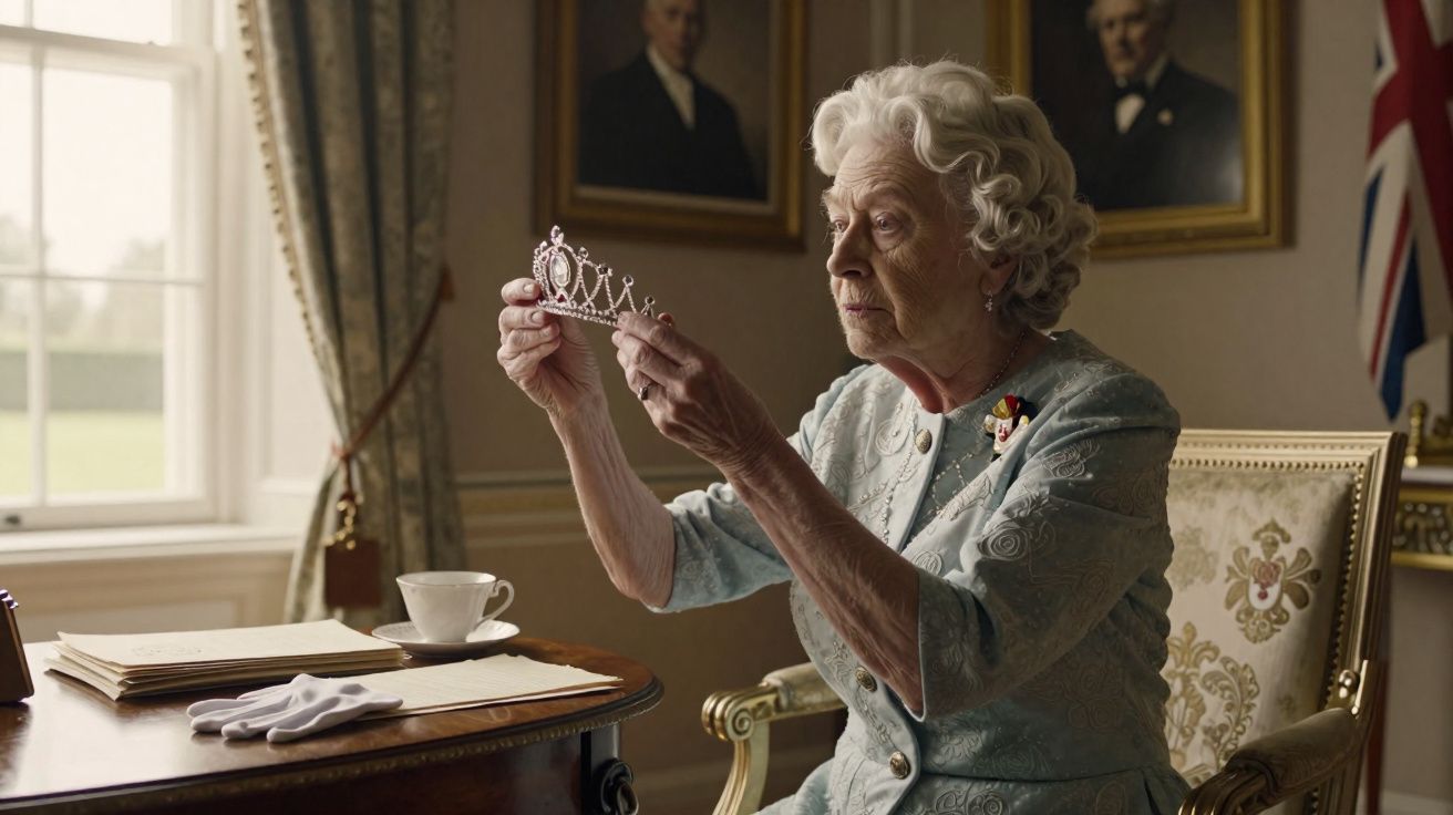 Mulher idosa sentada segurando uma pequena coroa em um ambiente clássico com quadros e bandeira britânica.