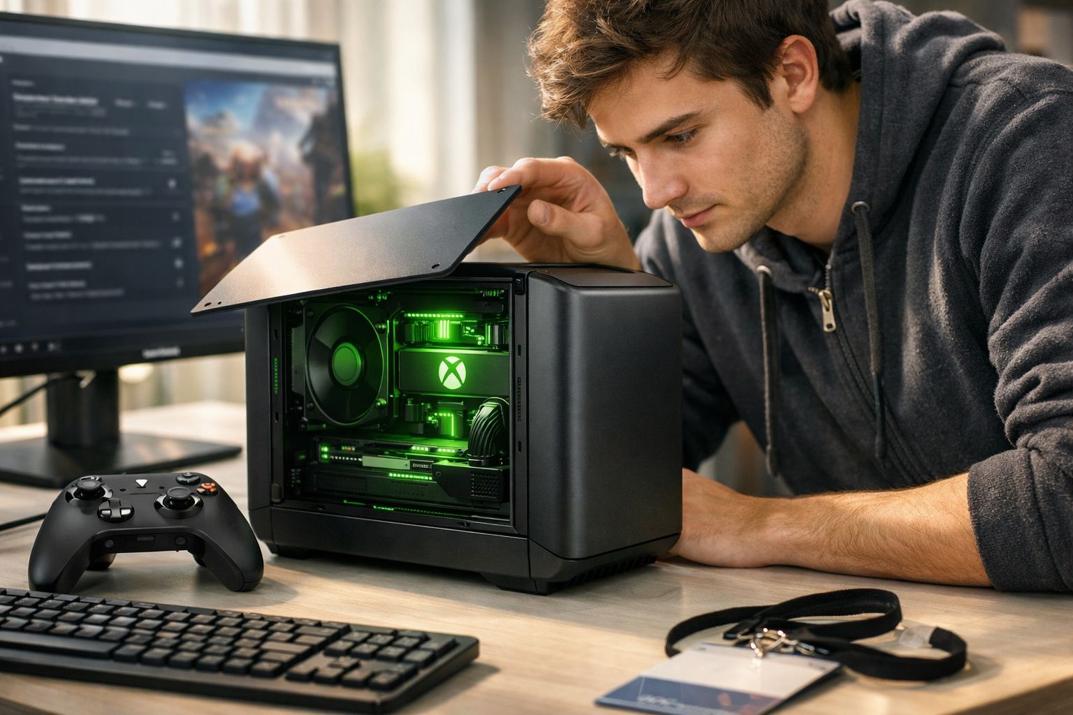 Jovem inspecionando PC gamer com iluminação verde, controle Xbox e monitor ao fundo em mesa organizada.