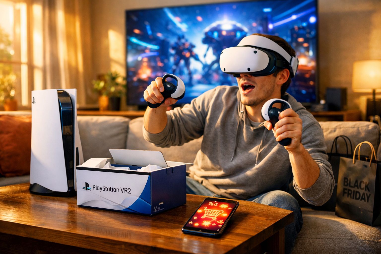 Homem usando óculos de realidade virtual e controles PlayStation VR2 em sala com PS5 e sacola Black Friday.