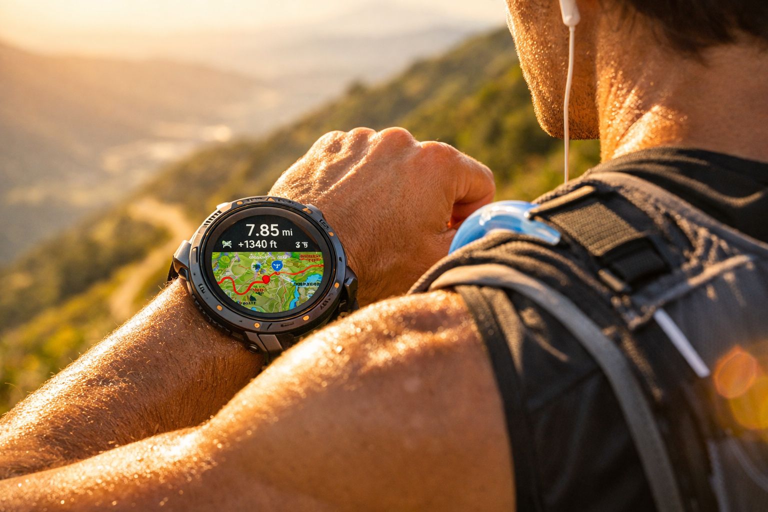 Pessoa usando relógio inteligente com mapa e distância de corrida em área montanhosa ao pôr do sol.