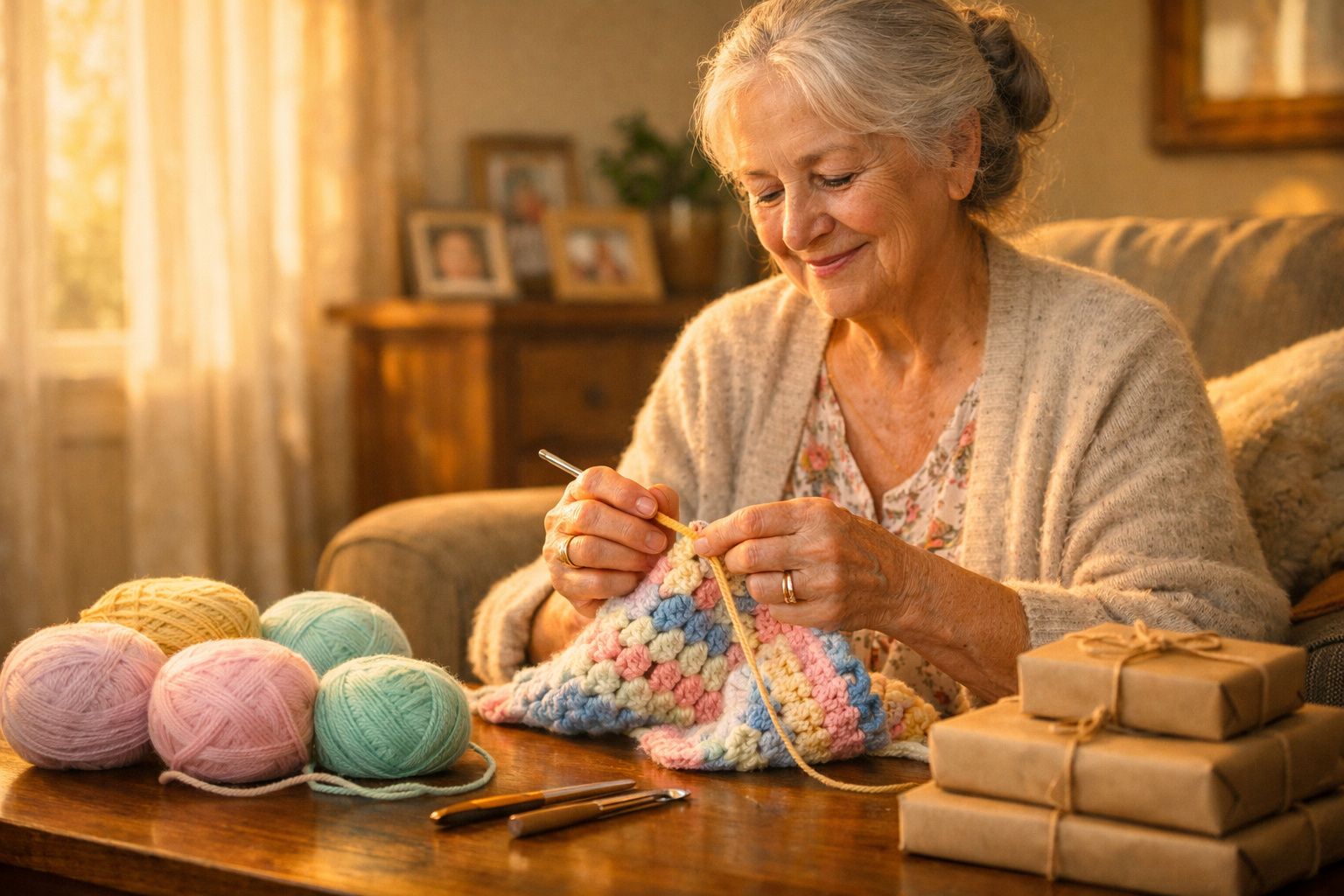 Mulher idosa sorrindo enquanto faz crochê em casa, com novelos de lã coloridos e presentes na mesa.