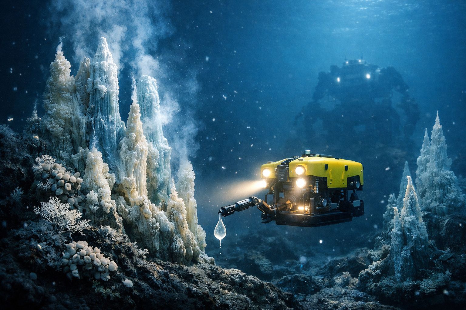 Veículo subaquático amarelho explorando formações geotermais no fundo do oceano com sensor coletando amostra líquida.