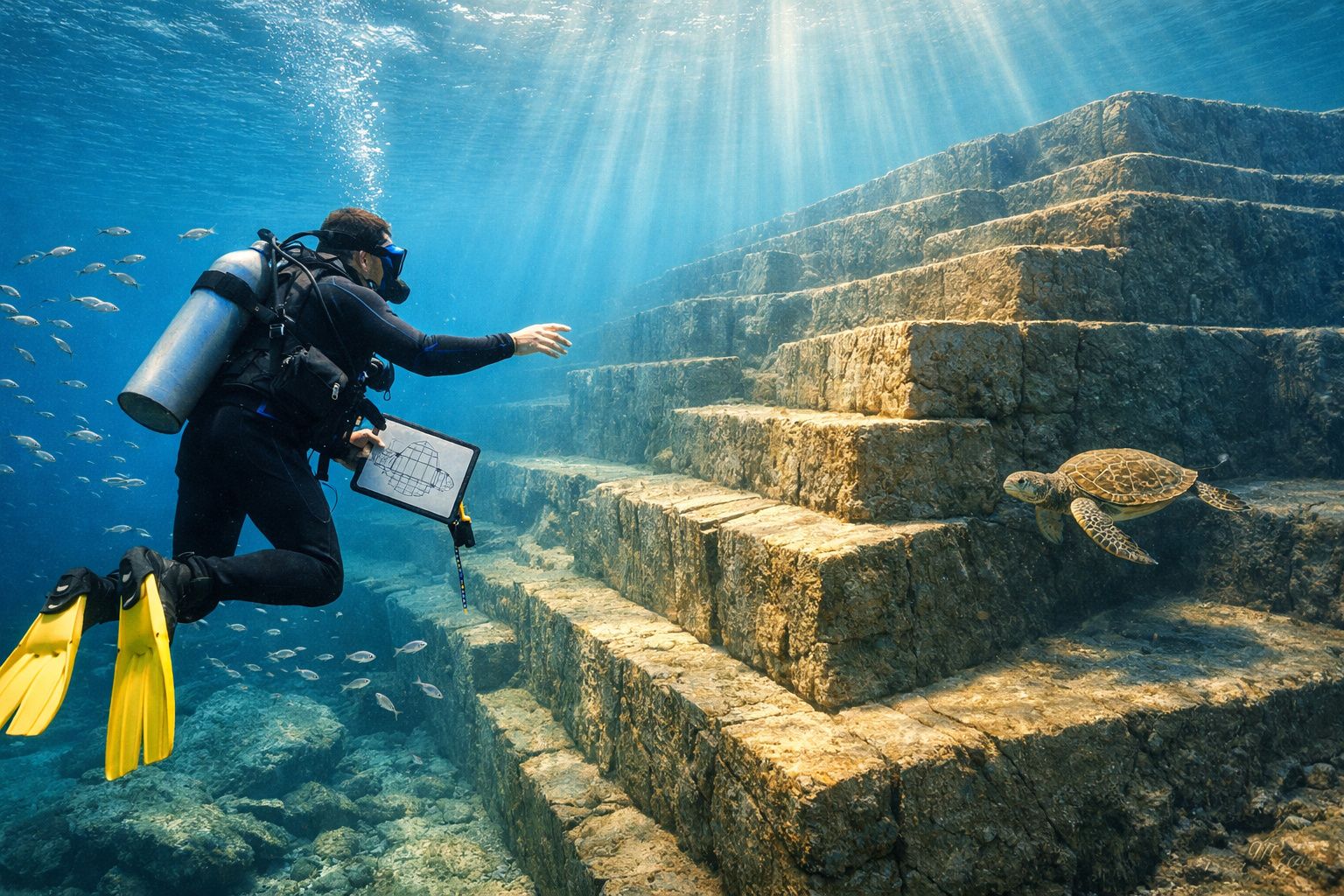 Mergulhador com equipamento e prancha observa tartaruga perto de estrutura submersa em degraus.