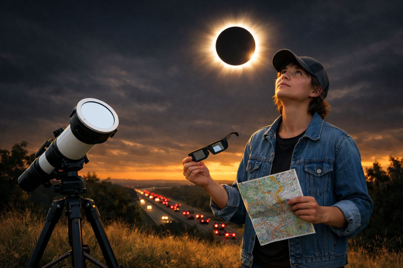Pessoa com boné e jaqueta jeans observa eclipse solar com óculos especiais e mapa, perto de telescópio em campo ao entardecer
