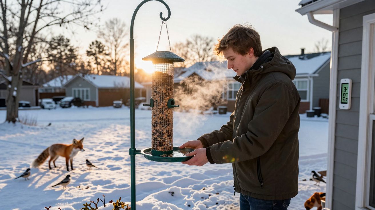 Jovem alimenta pássaros em suporte de sementes ao ar livre em área residencial com neve ao entardecer.