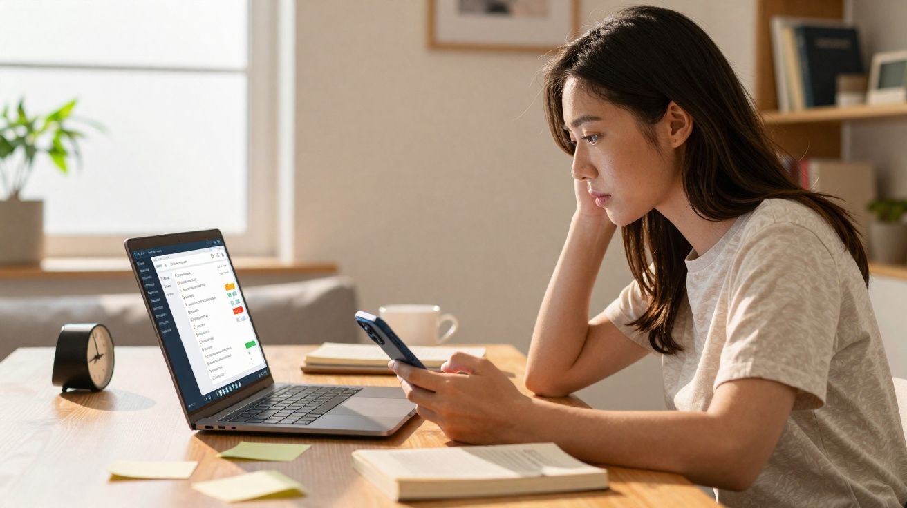 Mulher jovem concentrada usando celular e notebook em mesa com livros e relógio analógico.