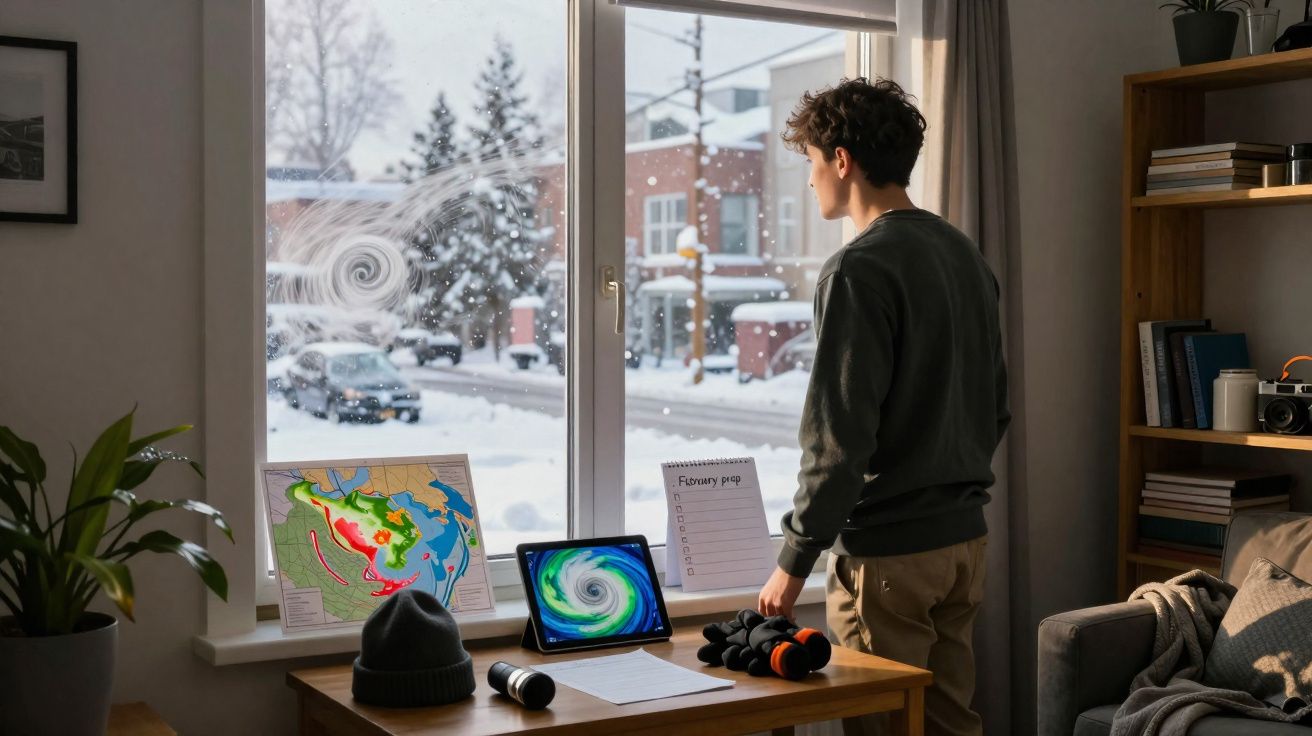 Jovem observa furacão no tablet e neve pela janela em quarto com decoração e mapas meteorológicos.