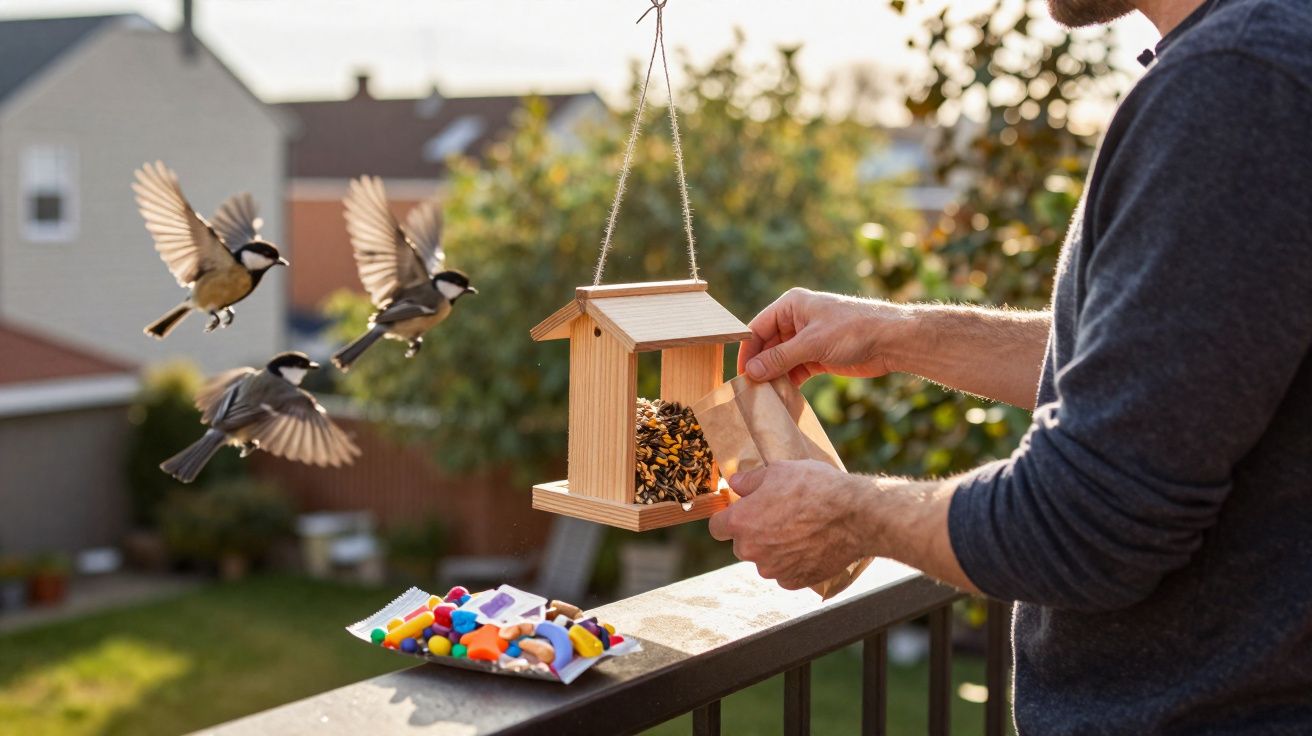Pessoa alimentando pássaros em comedouro de sementes pendurado em varanda de casa.