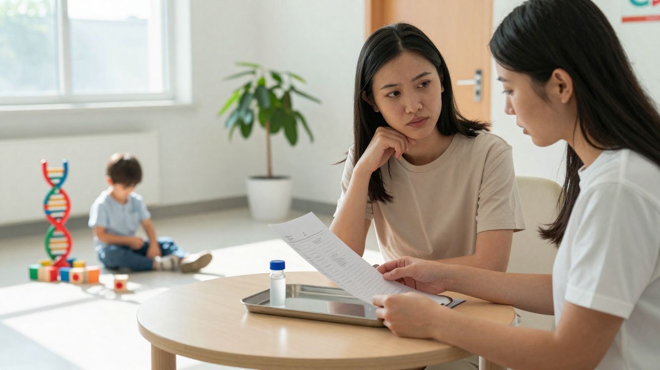 Duas mulheres conversando em uma sala clara com criança ao fundo e modelo de DNA colorido.