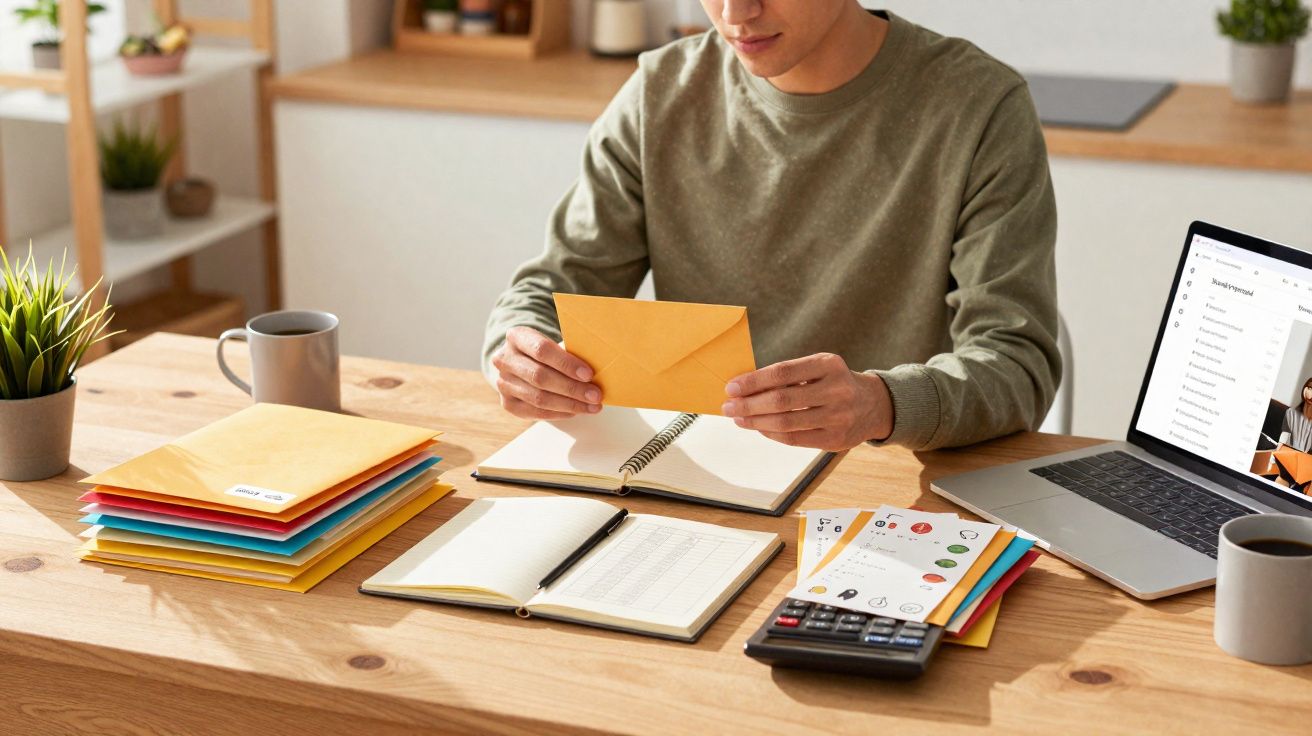 Pessoa trabalhando em escritório em casa, segurando envelope amarelo, com laptop, cadernos e calculadora na mesa.