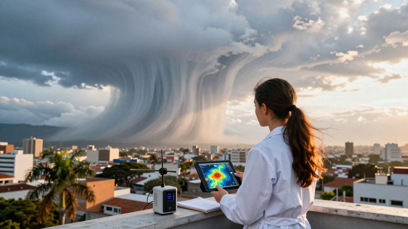 Mulher cientista observa tempestade intensa com chuva forte e nuvens escuras sobre a cidade.