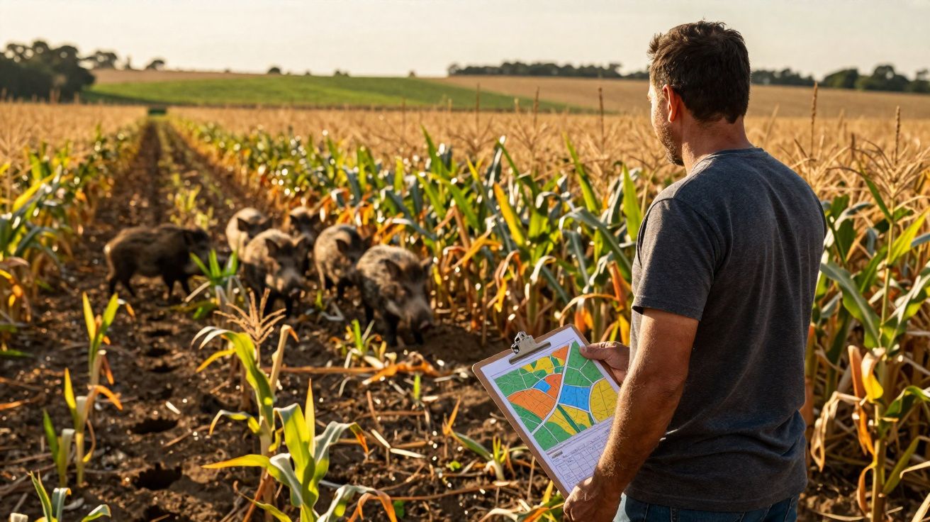 Homem em plantação de milho observa porcos-pregos enquanto segura prancheta com mapa colorido.