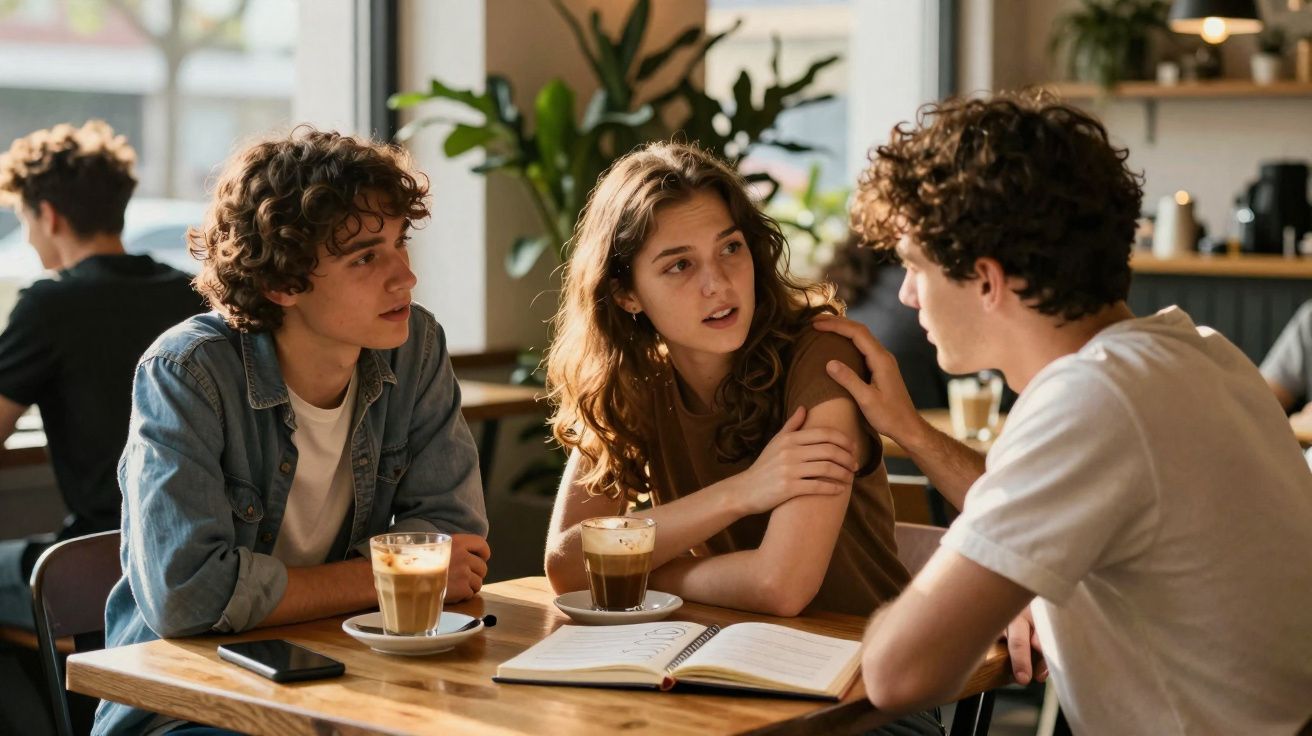 Três jovens conversando em café com cadernos e bebidas sobre a mesa em ambiente aconchegante.