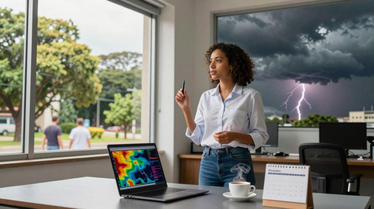 Mulher em escritório com laptop mostrando mapa de clima, olhando para tempestade com raios pela janela.