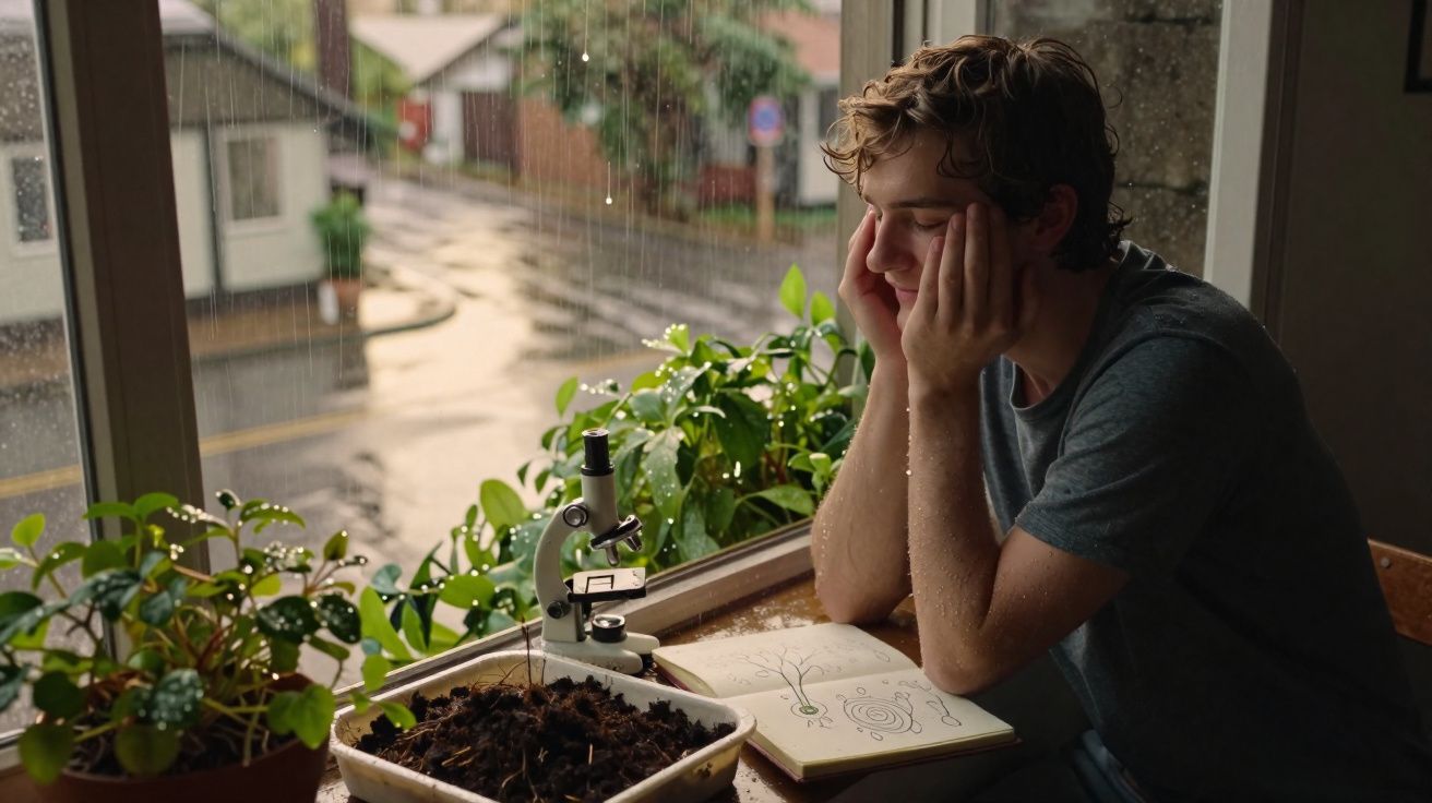 Jovem observa pela janela chuvosa enquanto estuda plantas em caderno e tem microscópio na mesa com vasos.