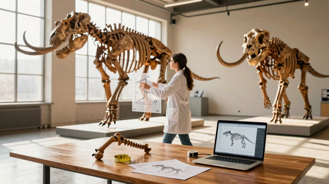 Cientista em laboratório com esqueletos de mamutes e laptop com imagem de fóssil de cão.
