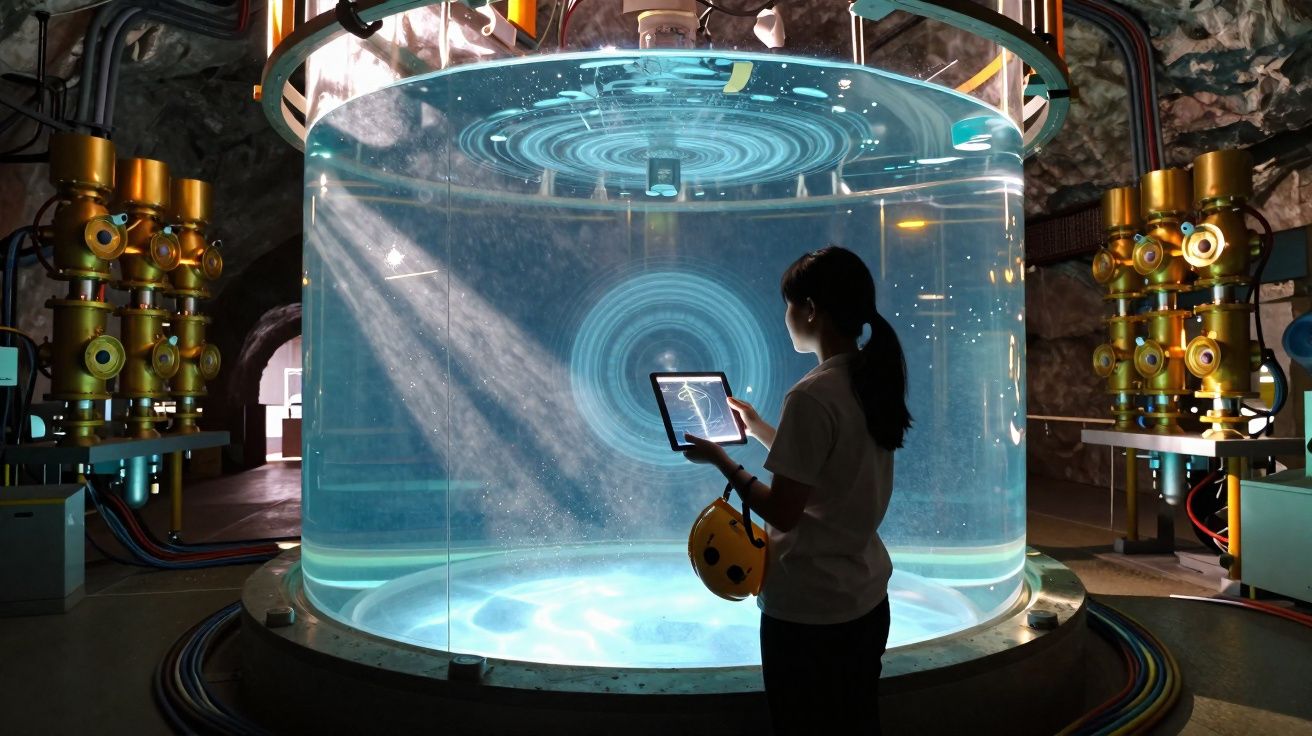 Pessoa interage com tablet diante de tanque aquático futurista iluminado em ambiente tecnológico.