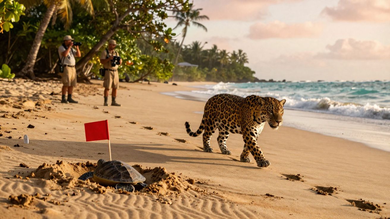 Onça-pintada caminhando na praia próxima a tartaruga-marinha e fotógrafos ao fundo.