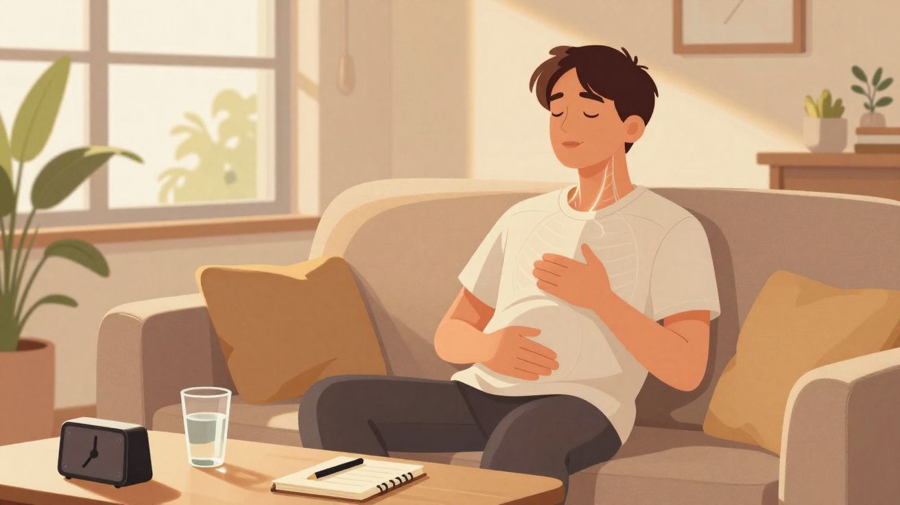 Homem sentado no sofá com fone de ouvido, olhos fechados e mãos na barriga em sala com plantas e relógio.