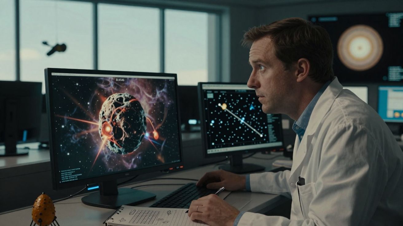 Cientista observa imagens de asteroides e estrelas em monitores dentro de um laboratório.