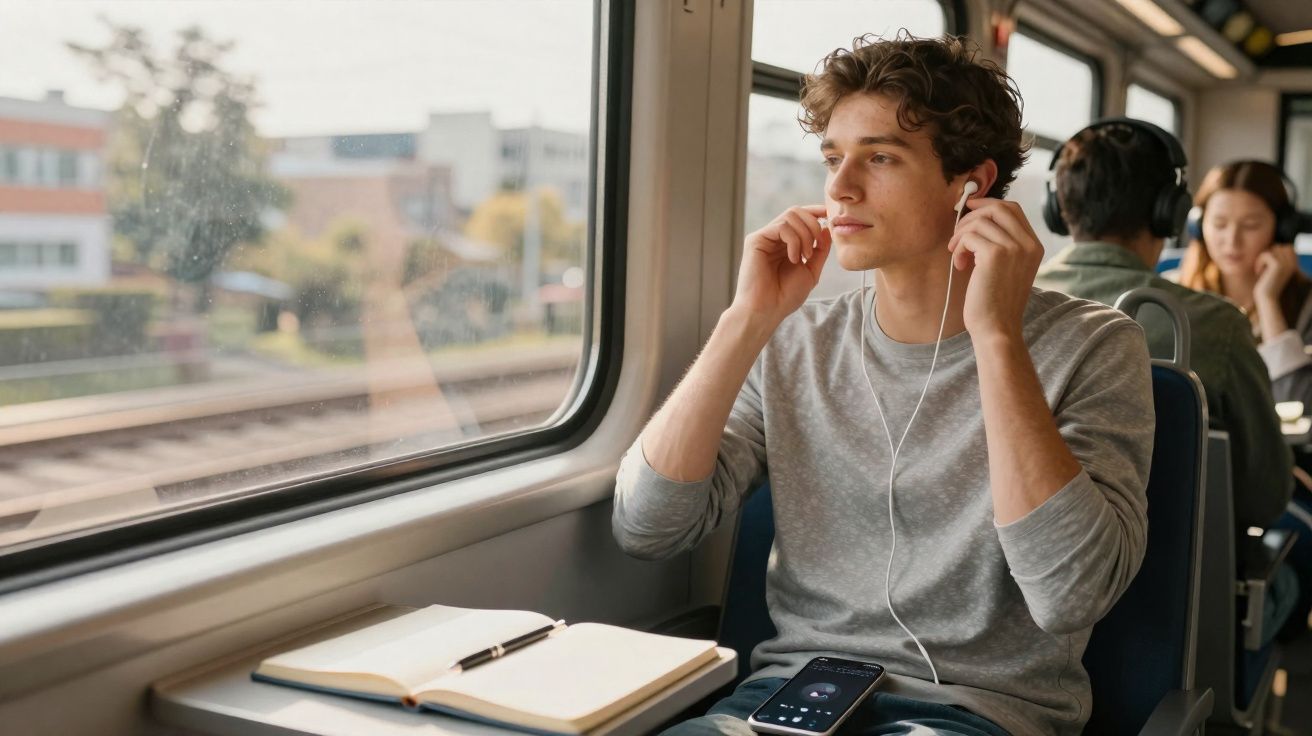 Jovem sentado no trem, colocando fones de ouvido, com caderno e celular na mesa ao lado da janela.