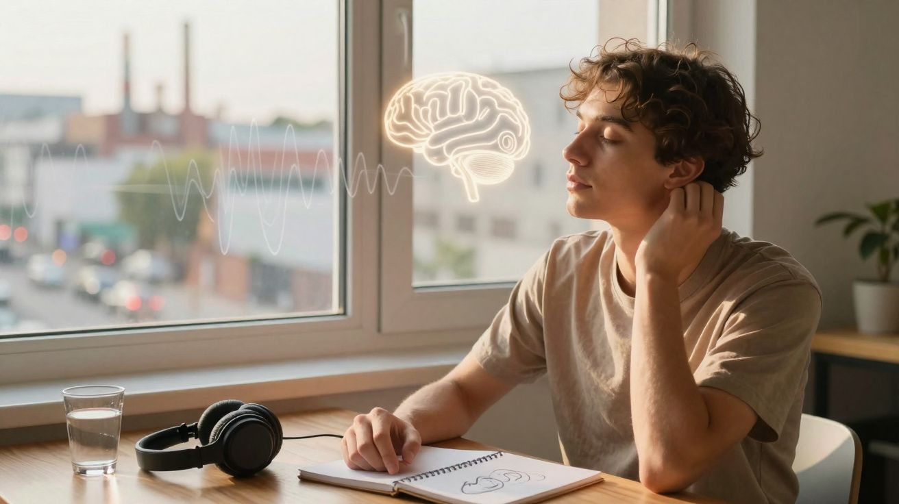 Jovem relaxando com olhos fechados, sentado à mesa com fones, caderno e copo d'água, cérebro iluminado na janela.