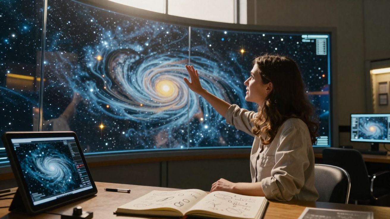 Mulher observando imagem de galáxia espiral em telas de computador em sala de estudo científica.