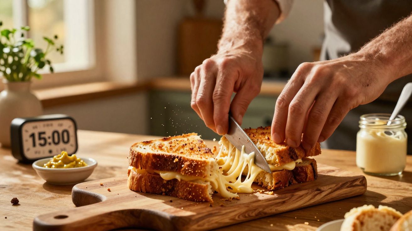 Mãos cortando sanduíche de queijo quente com queijo derretido sobre tábua de madeira na cozinha.