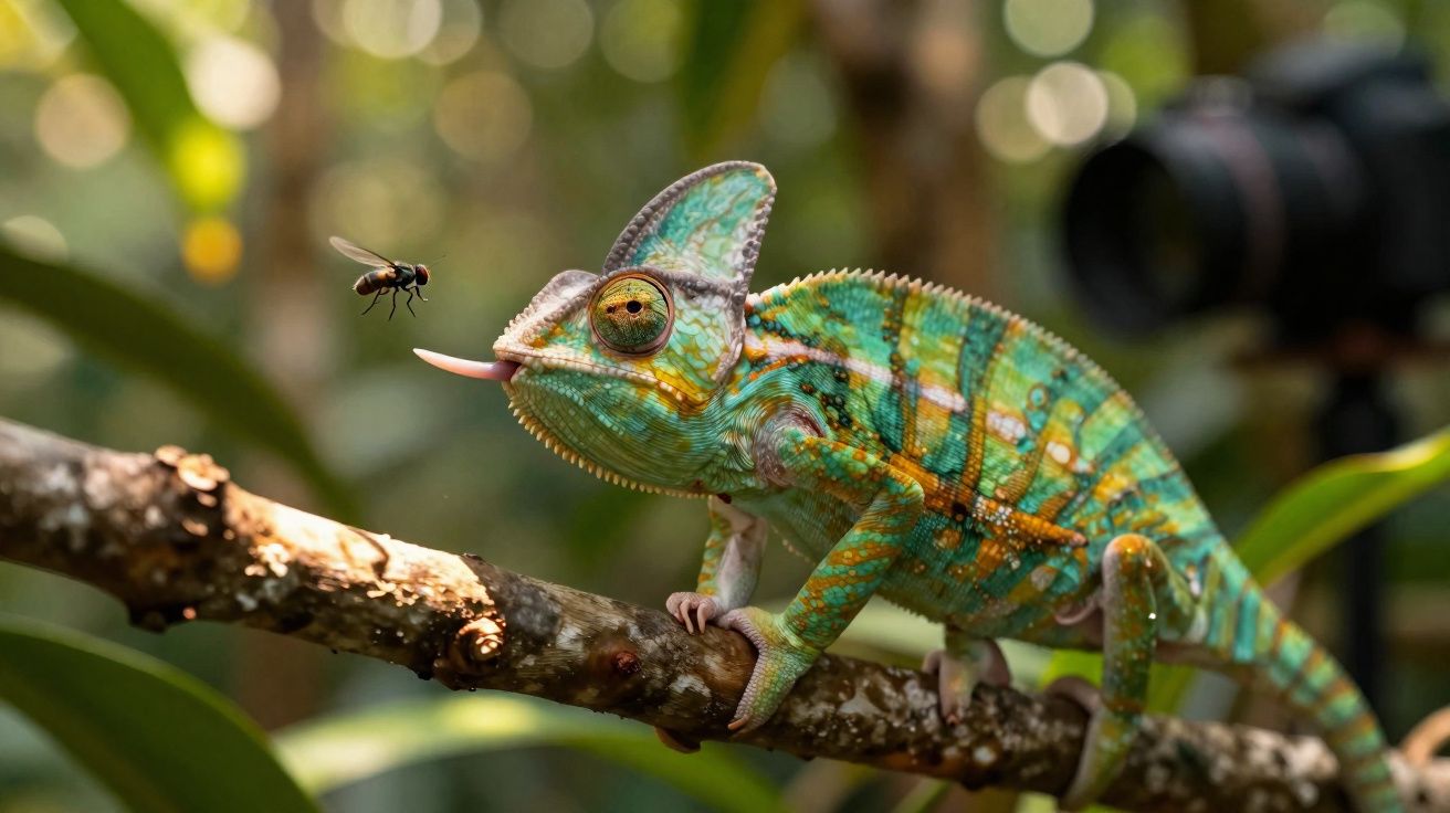 Camaleão colorido na natureza estende língua para capturar uma mosca em galho de árvore.